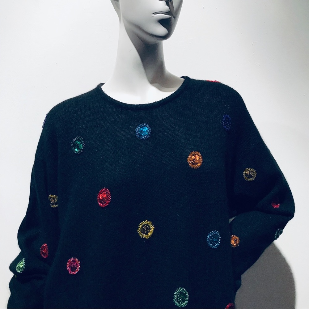 Vintage 90s Black Angora Sweater w/Sequin Bursts L